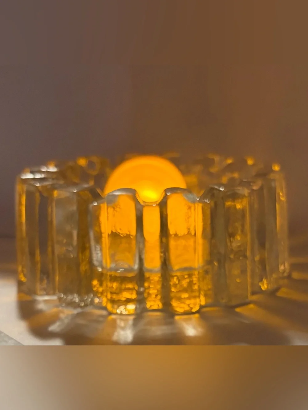 Pukeberg MCM Ice Glass Cog Wheel Candleholder Ashtray Brutalist Swedish Glows